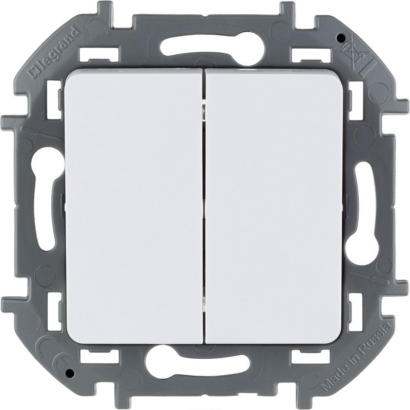 673620 Legrand Inspiria Выключатель 2-клавишный 10AX 250В белый, вид спереди