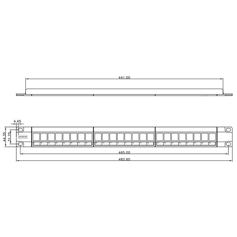 27B-00-24BL Коммутационная панель 19 наборная, UTP, 1U, 24 порта, черный. Чертёж