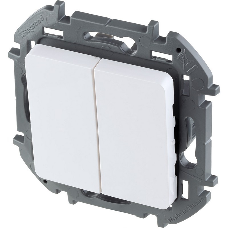 673620 Legrand Inspiria Выключатель 2-клавишный 10AX 250В белый, вид под углом