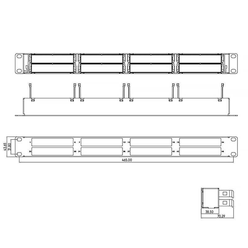 27C-00-48BL Кассетная панель 19, 1U, 8 кассет, FTP, черный. Чертёж