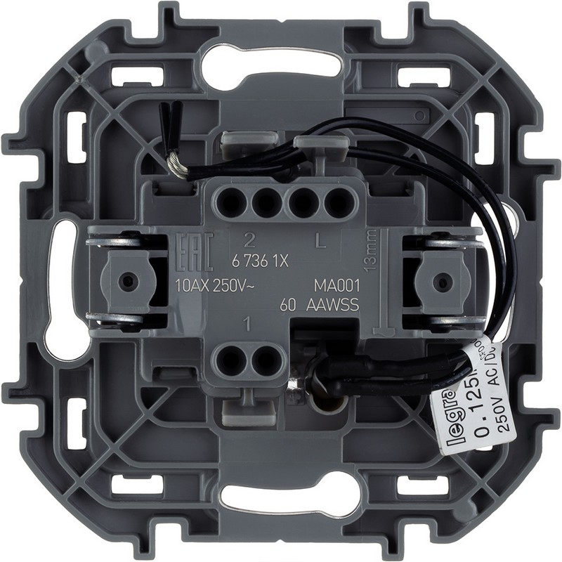 673610 Legrand Inspiria Выключатель 1-клавишный с подсветкой/индикацией 10AX 250В белый, вид сзади