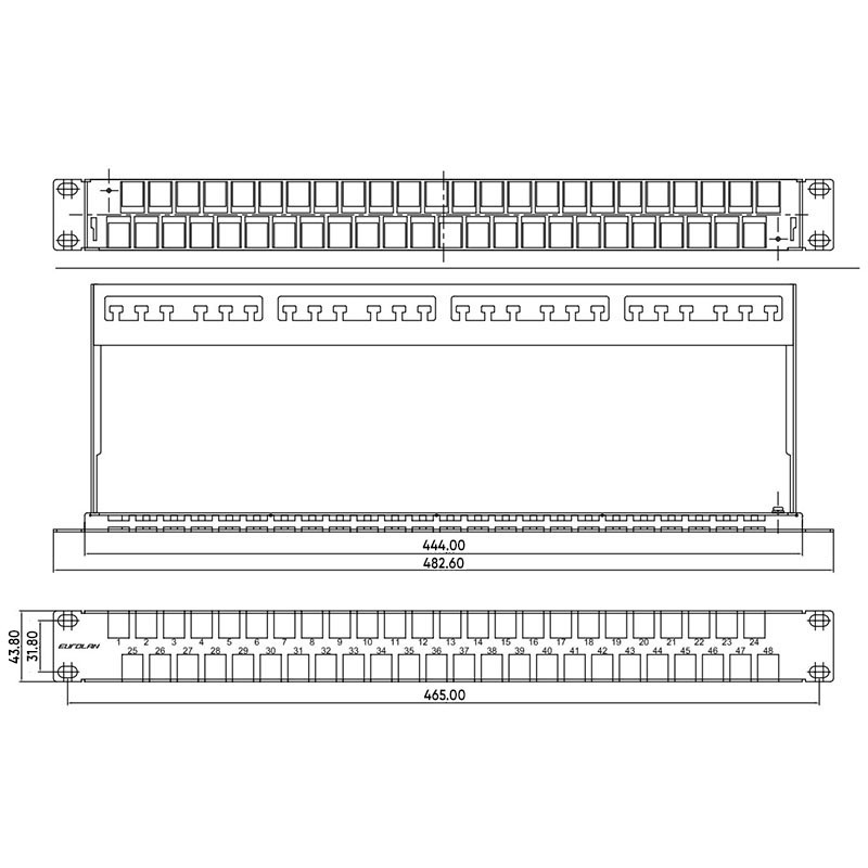 27B-00-48BL Коммутационная панель 19 наборная, UTP, 1U, 48 портов, черный. Чертёж